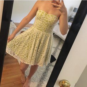 Guess Strapless Dress Size 14 Green White Knee Length Full Lace Stretch Lined